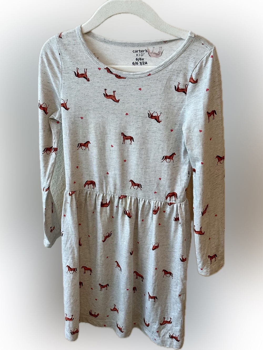 Carter's Light Gray Dress with Brown Horse and Pink Heart Print